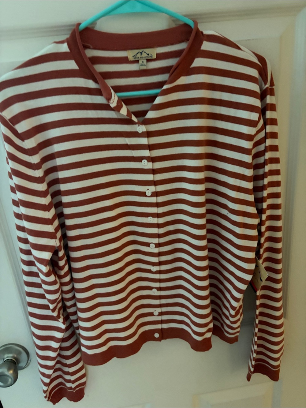 Striped Button-Front Cardigan Sweater — Rust & Cream